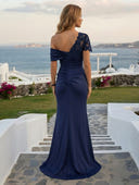 Satin One Shoulder Mermaid Long Floral Beaded Evening Dresses