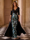 V Neck Mermaid Floral Long Evening Dresses with Train