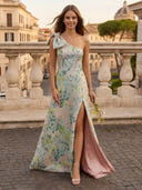 One Shoulder A Line Floral Long Evening Dresses with Slit
