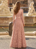 V Neck A Line Floral Long Sleeves Evening Dresses