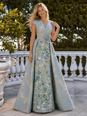 V Neck Mermaid Floral Short Sleeves Evening Dresses with Train