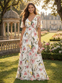 V Neck A Line Floral Evening Dresses with Sleeves