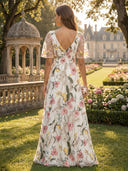 V Neck A Line Floral Evening Dresses with Sleeves