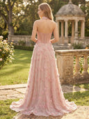 Satin Strapless A Line Long Evening Dresses with Flower