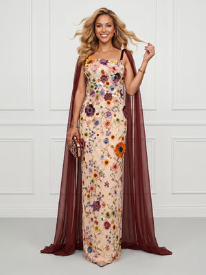 Column Square Neck Sleeveless Long Evening Dresses with Flower