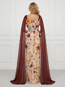 Column Square Neck Sleeveless Long Evening Dresses with Flower