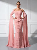 Mermaid Satin Strapless Long Sleeves Evening Dresses with Flower