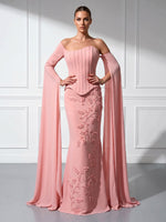 Mermaid Satin Strapless Long Sleeves Evening Dresses with Flower