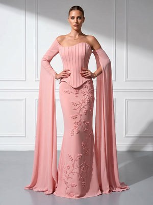 Mermaid Satin Strapless Long Sleeves Evening Dresses with Flower