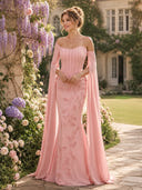 Mermaid Satin Strapless Long Sleeves Evening Dresses with Flower