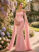 Mermaid Satin Strapless Long Sleeves Evening Dresses with Flower