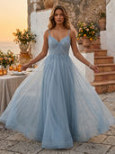 A Line Lace V Neck Sleeveless Long Evening Dresses
