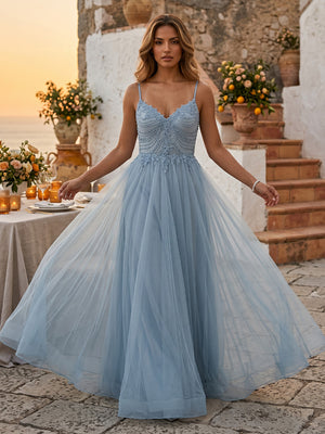 A Line Lace V Neck Sleeveless Long Evening Dresses