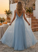A Line Lace V Neck Sleeveless Long Evening Dresses