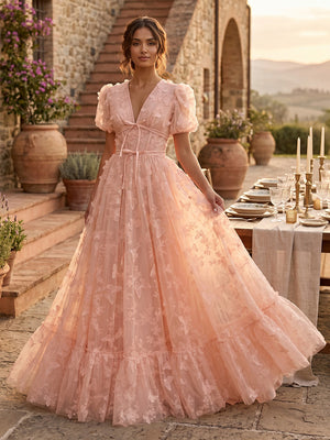 A Line V Neck Short Sleeves Long Evening Dresses with Bow