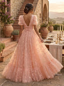 A Line V Neck Short Sleeves Long Evening Dresses with Bow