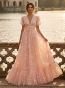 A Line V Neck Short Sleeves Long Evening Dresses with Bow