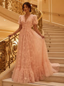 A Line V Neck Short Sleeves Long Evening Dresses with Bow