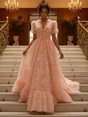 A Line V Neck Short Sleeves Long Evening Dresses with Bow