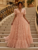 A Line V Neck Short Sleeves Long Evening Dresses with Bow