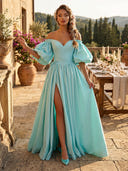 A Line Sweetheart Puffy Sleeves Long Evening Dresses with Slit
