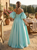 A Line Sweetheart Puffy Sleeves Long Evening Dresses with Slit