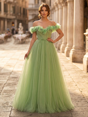 A Line Off Shoulder Sleeveless Long Evening Dresses with Flower