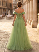 A Line Off Shoulder Sleeveless Long Evening Dresses with Flower