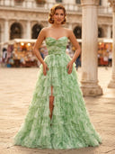 A Line Tiered Sweetheart Sleeveless Long Evening Dresses with Slit