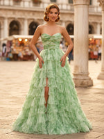 A Line Tiered Sweetheart Sleeveless Long Evening Dresses with Slit