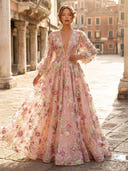 A Line Deep V Neck Long Sleeves Evening Dresses with Flower