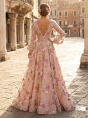 A Line Deep V Neck Long Sleeves Evening Dresses with Flower