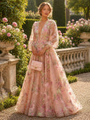 A Line Deep V Neck Long Sleeves Evening Dresses with Flower