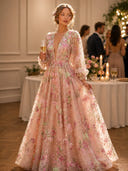 A Line Deep V Neck Long Sleeves Evening Dresses with Flower
