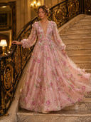 A Line Deep V Neck Long Sleeves Evening Dresses with Flower