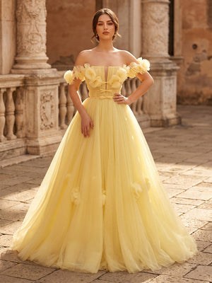 Tulle A Line Off Shoulder Sleeveless Long Evening Dresses with Flower