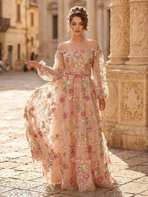 A Line Round Neck Long Sleeves Evening Dresses with Bow
