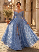 A Line Off Shoulder Long Sleeves Evening Dresses with Slit