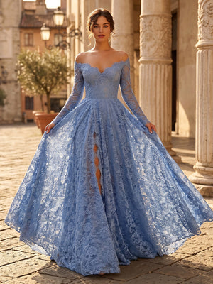 A Line Off Shoulder Long Sleeves Evening Dresses with Slit