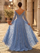 A Line Off Shoulder Long Sleeves Evening Dresses with Slit