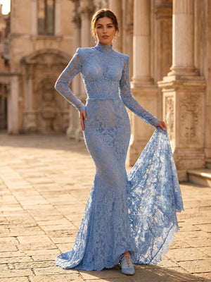 Lace Mermaid High Neck Long Sleeves Evening Dresses