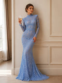 Lace Mermaid High Neck Long Sleeves Evening Dresses