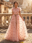 A Line V Neck Puffy Sleeves Long Evening Dresses with Bow