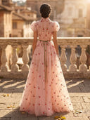 A Line V Neck Puffy Sleeves Long Evening Dresses with Bow