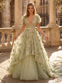 A Line Deep V Neck Short Sleeves Long Evening Dresses with Flower