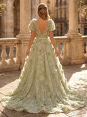 A Line Deep V Neck Short Sleeves Long Evening Dresses with Flower