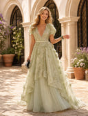 A Line Deep V Neck Short Sleeves Long Evening Dresses with Flower