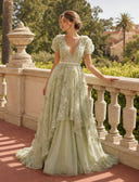 A Line Deep V Neck Short Sleeves Long Evening Dresses with Flower