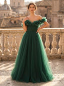 A Line Off Shoulder Sleeveless Long Evening Dresses with Flower