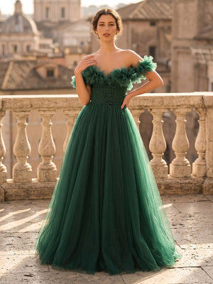 A Line Off Shoulder Sleeveless Long Evening Dresses with Flower